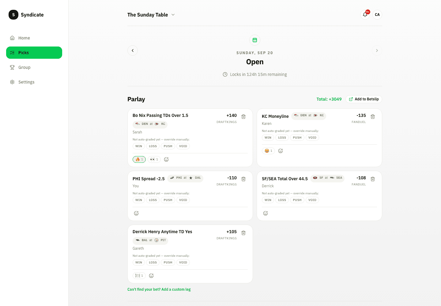 Syndicate demo picks board with submitted legs